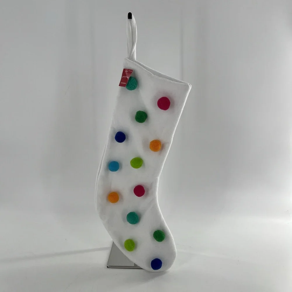 Wondershop Felt Christmas Stocking Whimsy White Multi Bright Color Pom Poms 20